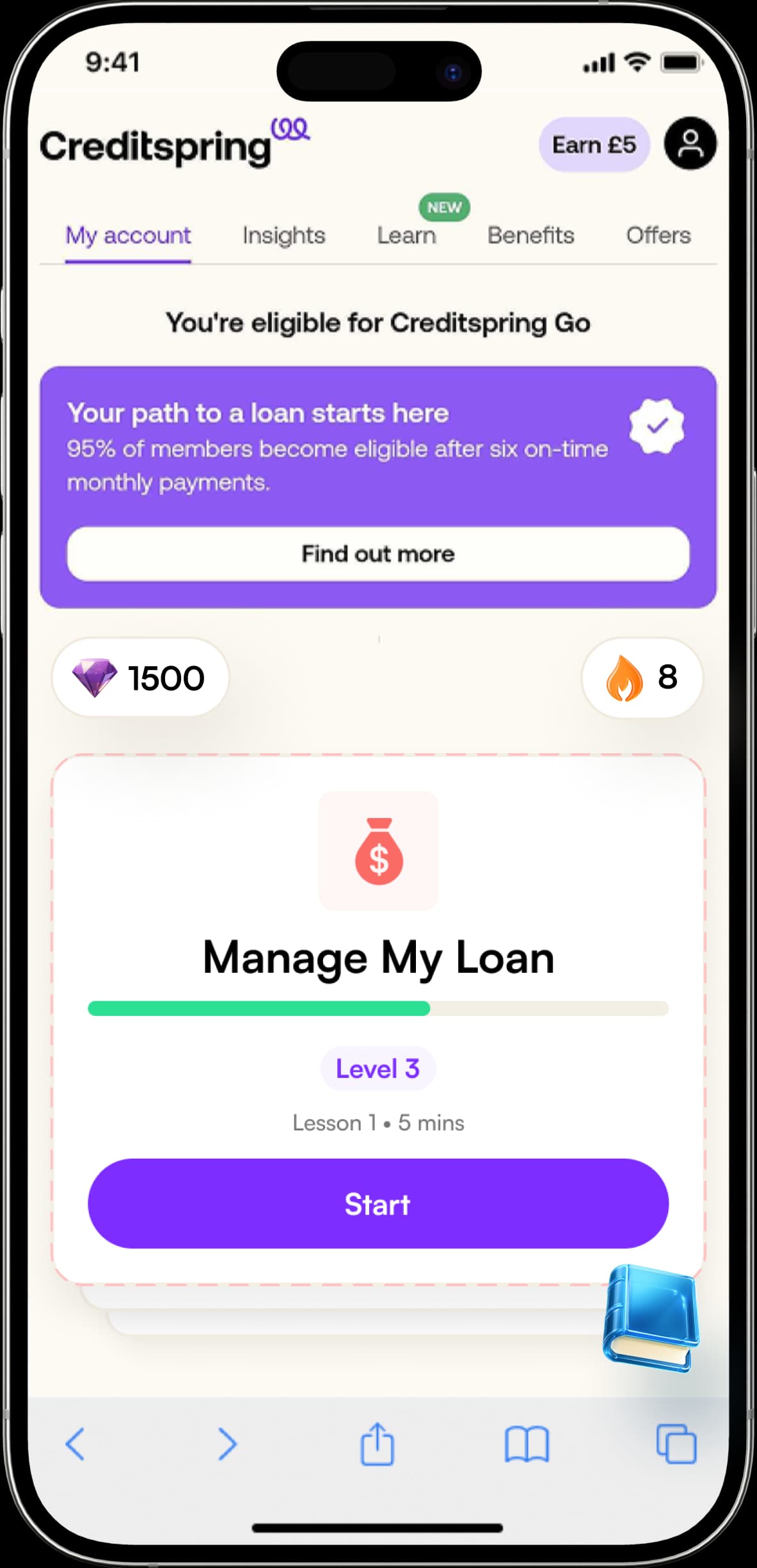 The Doshi lessons running inside the Creditspring app, showing a customer working through a lesson about managing their loan.