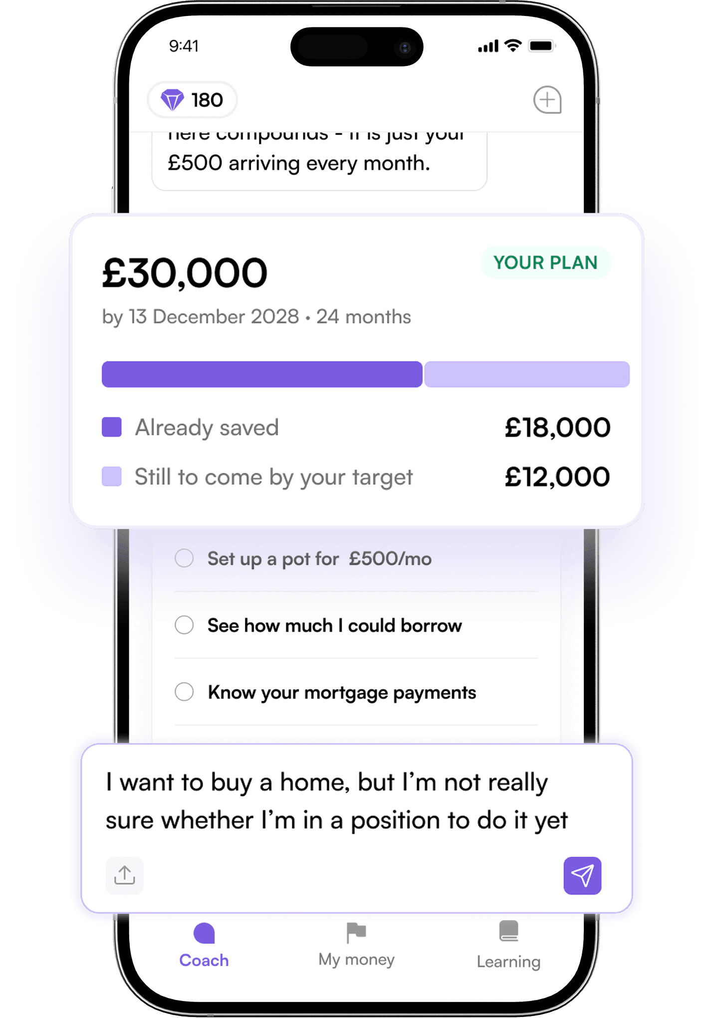 A coach conversation in the app, picking up a goal the customer set in an earlier session and showing the plan built around it.