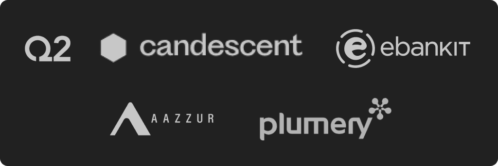 Partner logos: Q2, Candescent, ebankIT, AAZZUR, and Plumery.