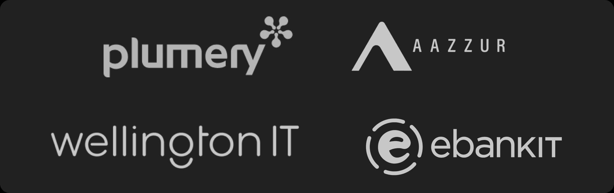 Banking partner logos: Plumery, AAZZUR, Wellington IT, and ebankIT.