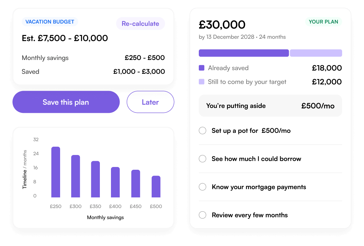 The plan screen in Doshi's own brand, with the savings estimate, the timeline chart, and the next steps.
