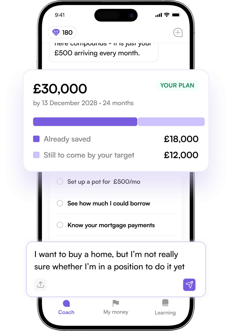 A coach conversation in the app, picking up a goal the customer set in an earlier session and showing the plan built around it.